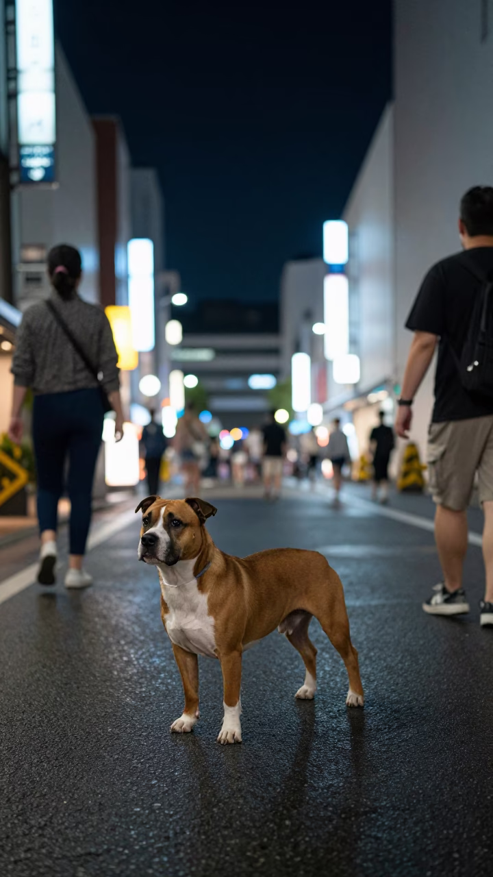 Nighttime Street Scene in Fukuoka Japan with American Staffordshire Terrier and Storefront in in Fukuoka, Japan
