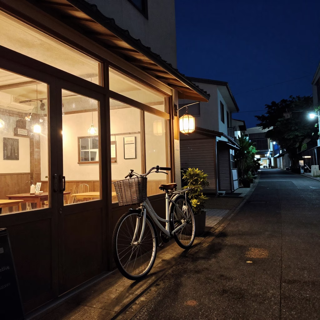 Nighttime street scene in Fukuoka Japan with bicycle leaning against cafe and neon lights in in Fukuoka, Japan
