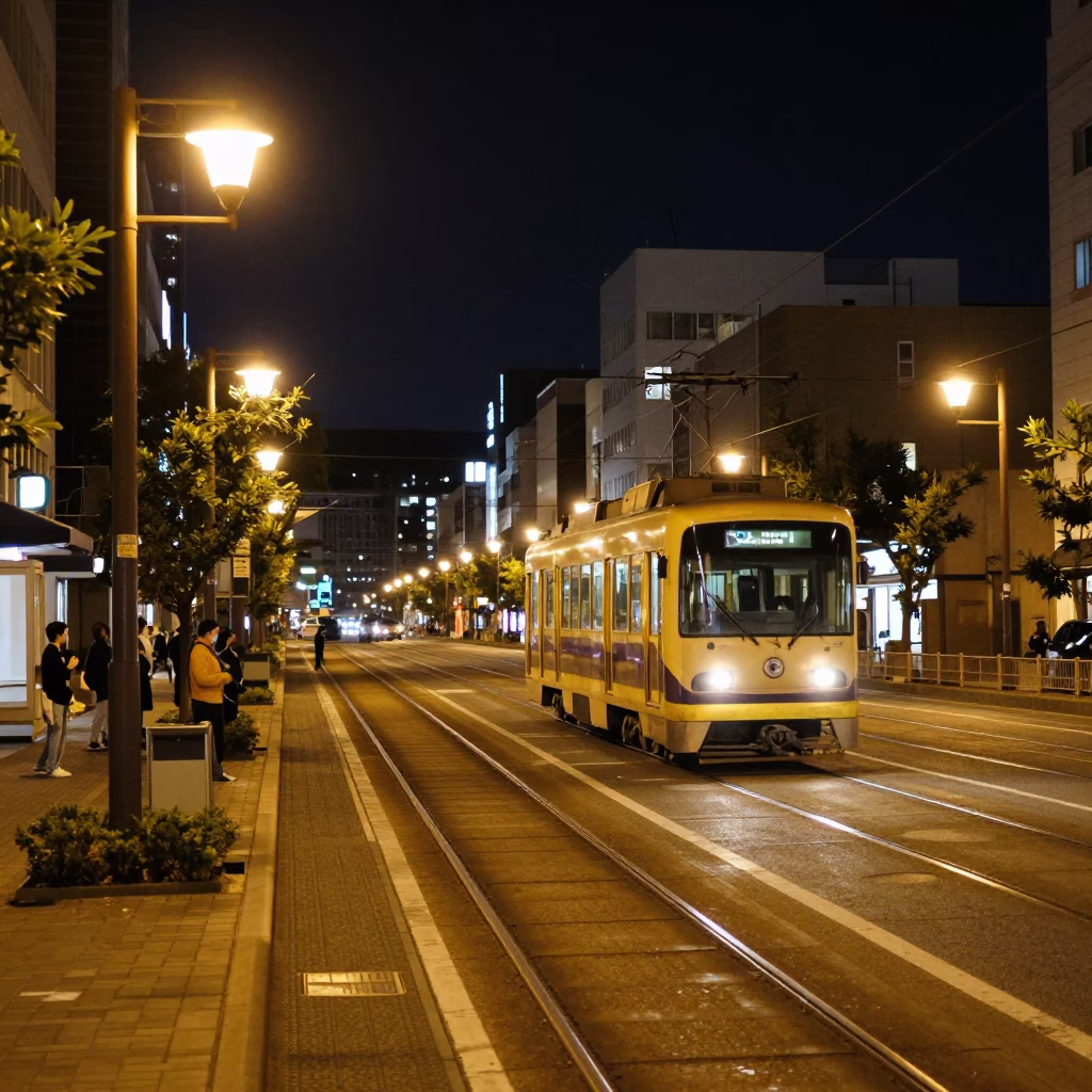Nighttime Street Scene in Fukuoka Japan with Tramcar and Urban Lights in in Fukuoka, Japan