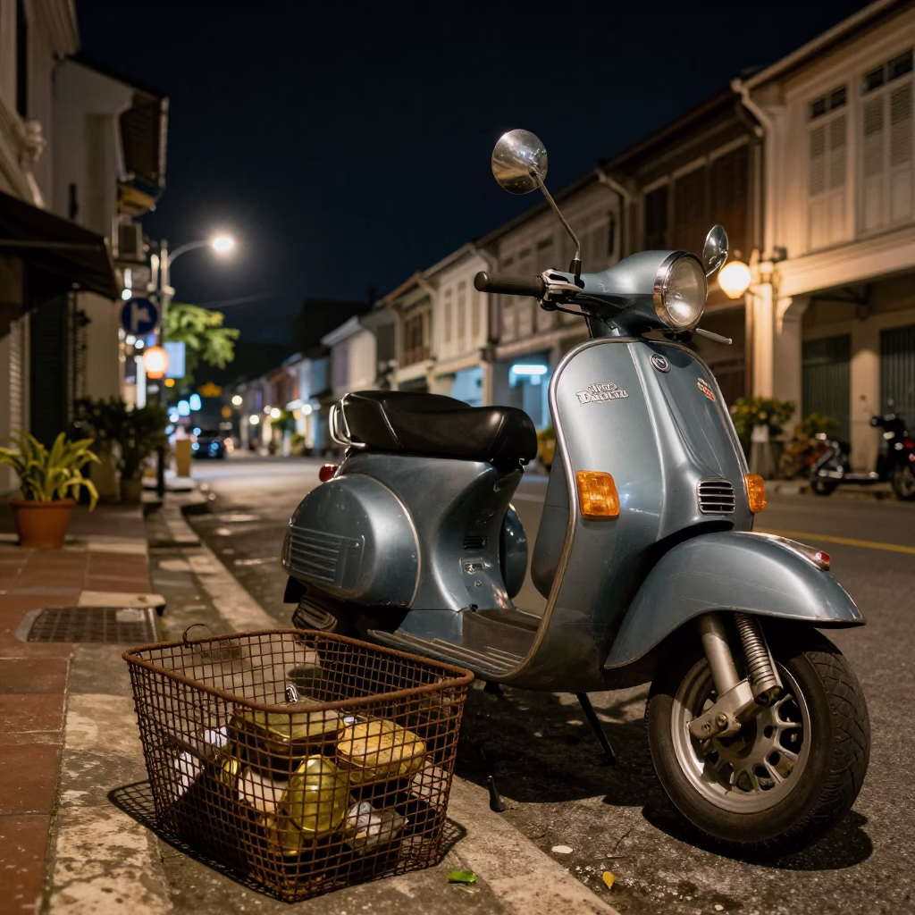 Nighttime Street Scene in George Town Malaysia with Vintage Scooter and Lantern in in George Town, Malaysia