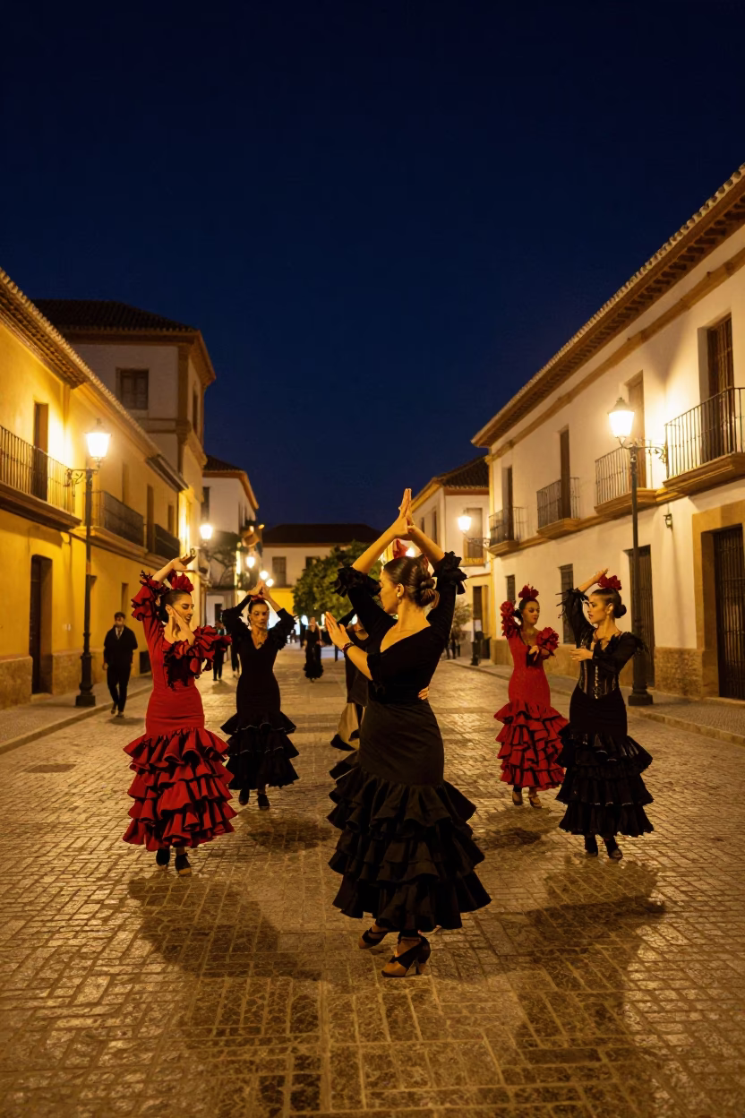 Nighttime Street Scene in Granada Spain with Folk Dancers and Prayer Beads in in Granada, Spain