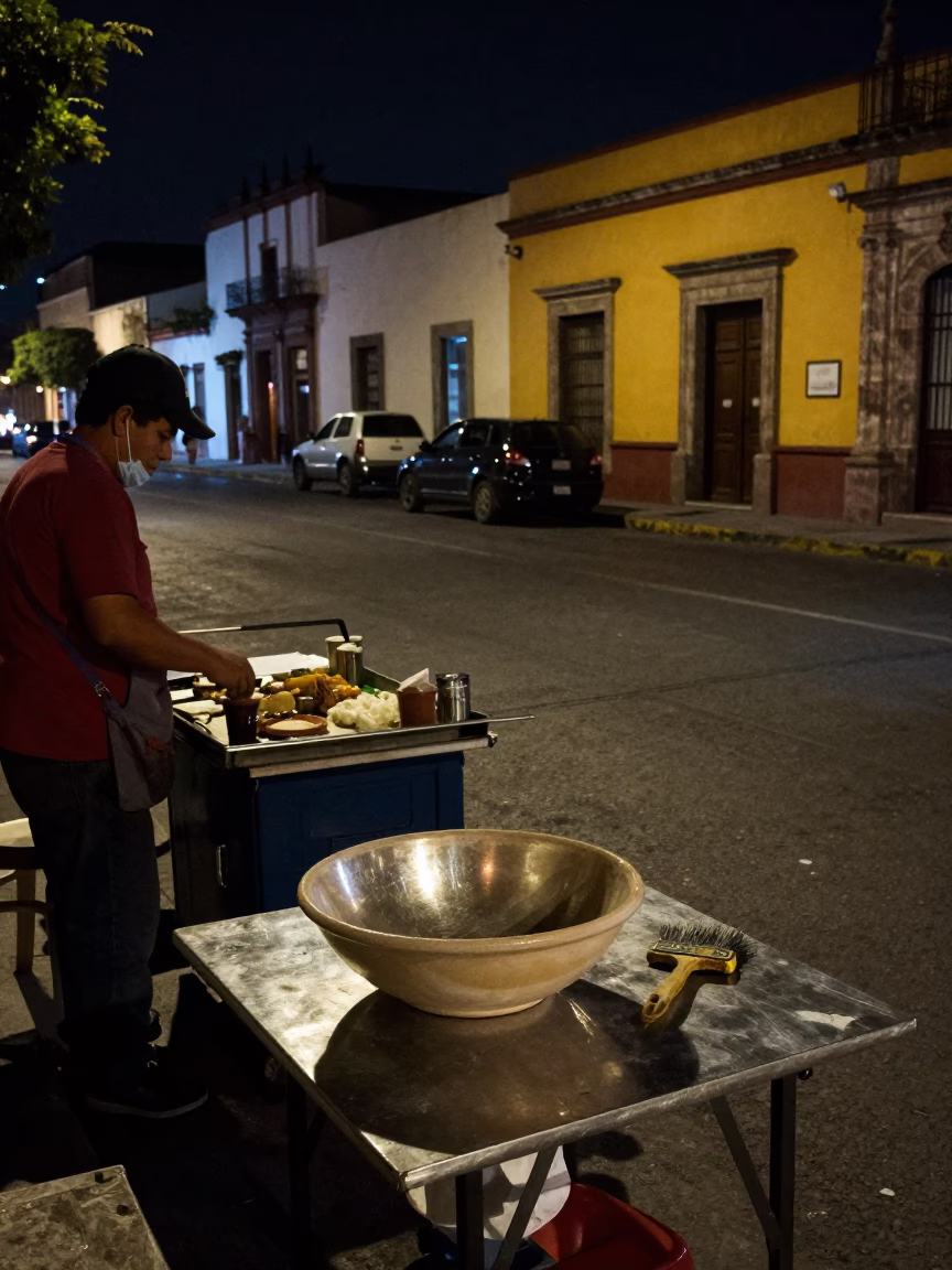 Nighttime Street Scene in Guadalajara Mexico with Bowl and Brushed Steel Lamp in in Guadalajara, Mexico