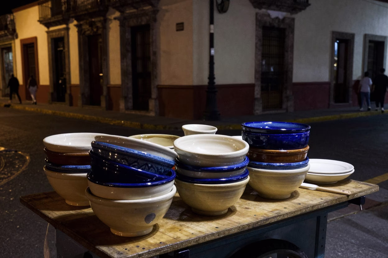 Nighttime Street Scene in Guadalajara Mexico with Ceramic Bowls and Urban Shadows in in Guadalajara, Mexico