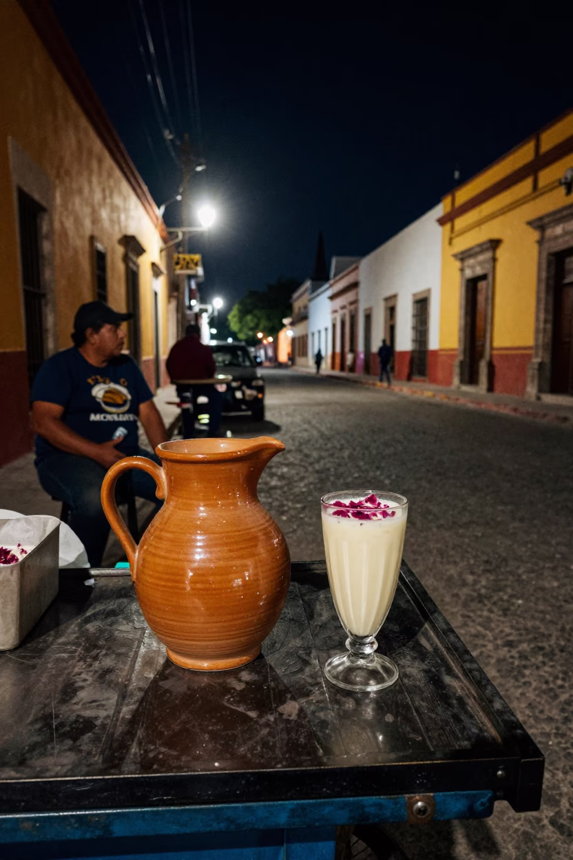 Nighttime Street Scene in Guadalajara Mexico with Ceramic Pitcher and Lassi Glass in in Guadalajara, Mexico