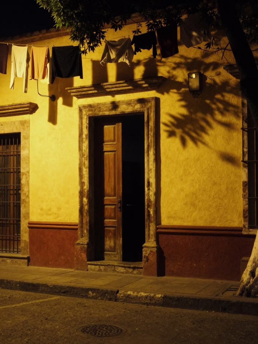 Nighttime Street Scene in Guadalajara Mexico with Hanging Laundry and Neon Sign in in Guadalajara, Mexico