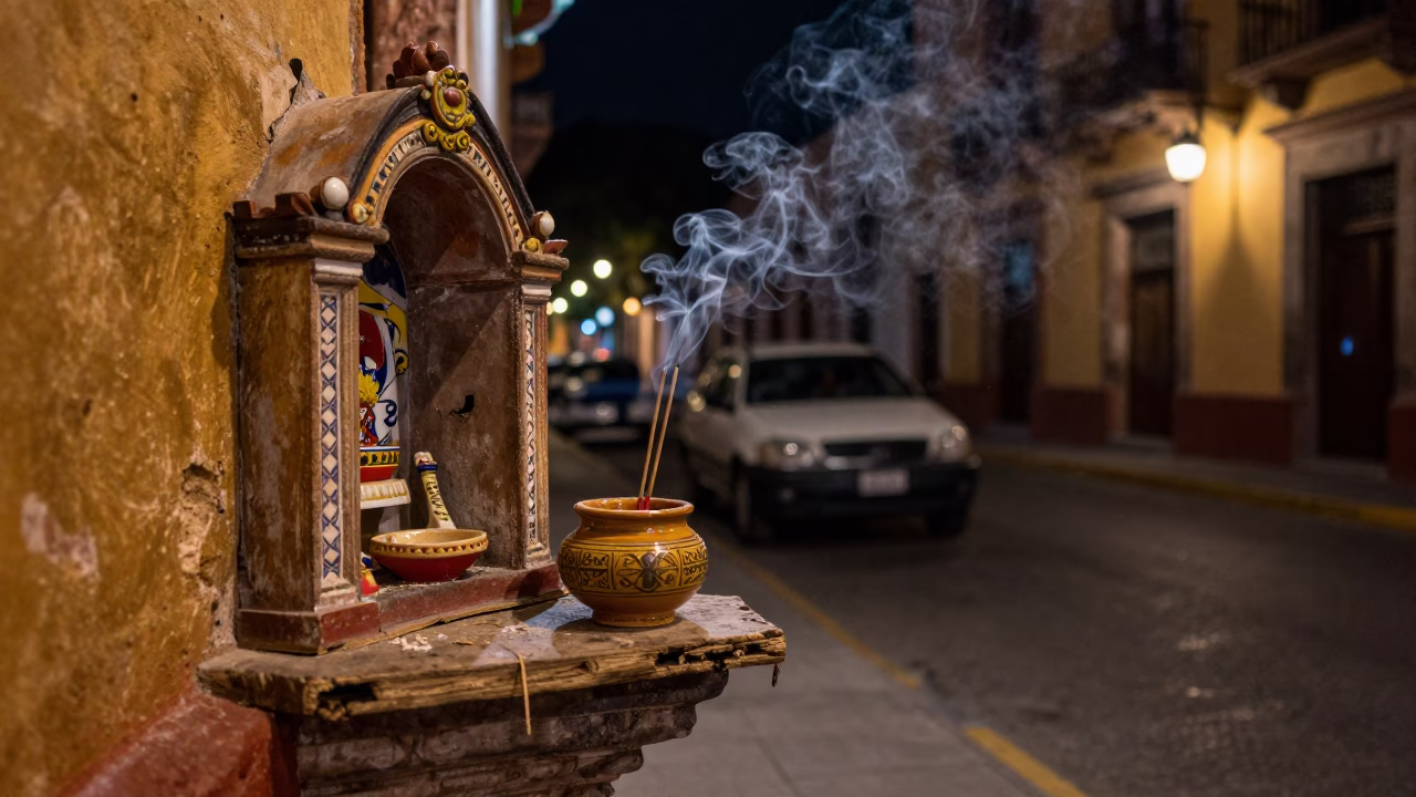 Nighttime Street Scene in Guadalajara Mexico with Incense Holder and Urban Details in in Guadalajara, Mexico