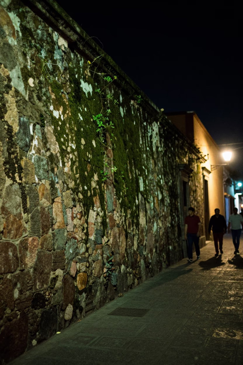 Nighttime Street Scene in Guadalajara Mexico with Mossy Stone Wall and Sewing Latch Detail in in Guadalajara, Mexico