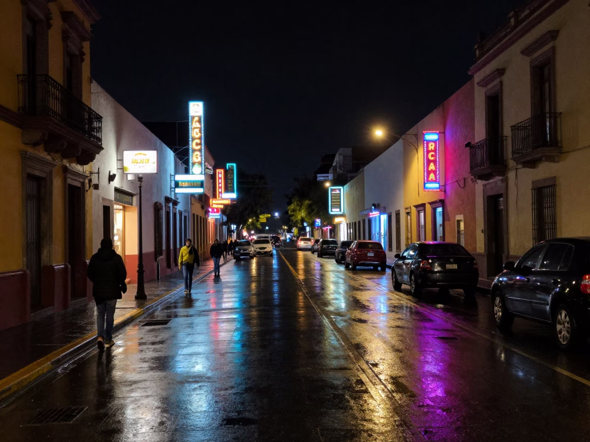 Nighttime Street Scene in Guadalajara Mexico with Neon Signs and Wet Pavement in in Guadalajara, Mexico
