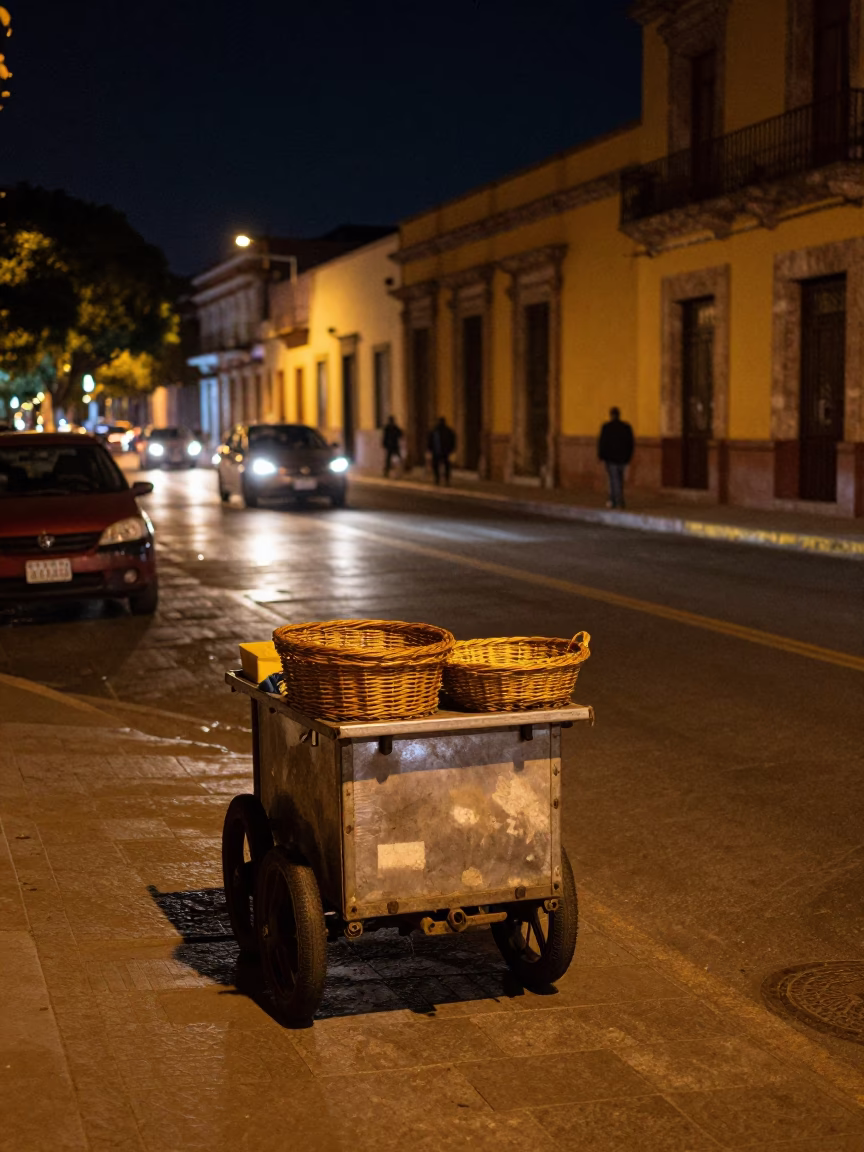 Nighttime Street Scene in Guadalajara Mexico with Wicker Basket and Urban Details in in Guadalajara, Mexico