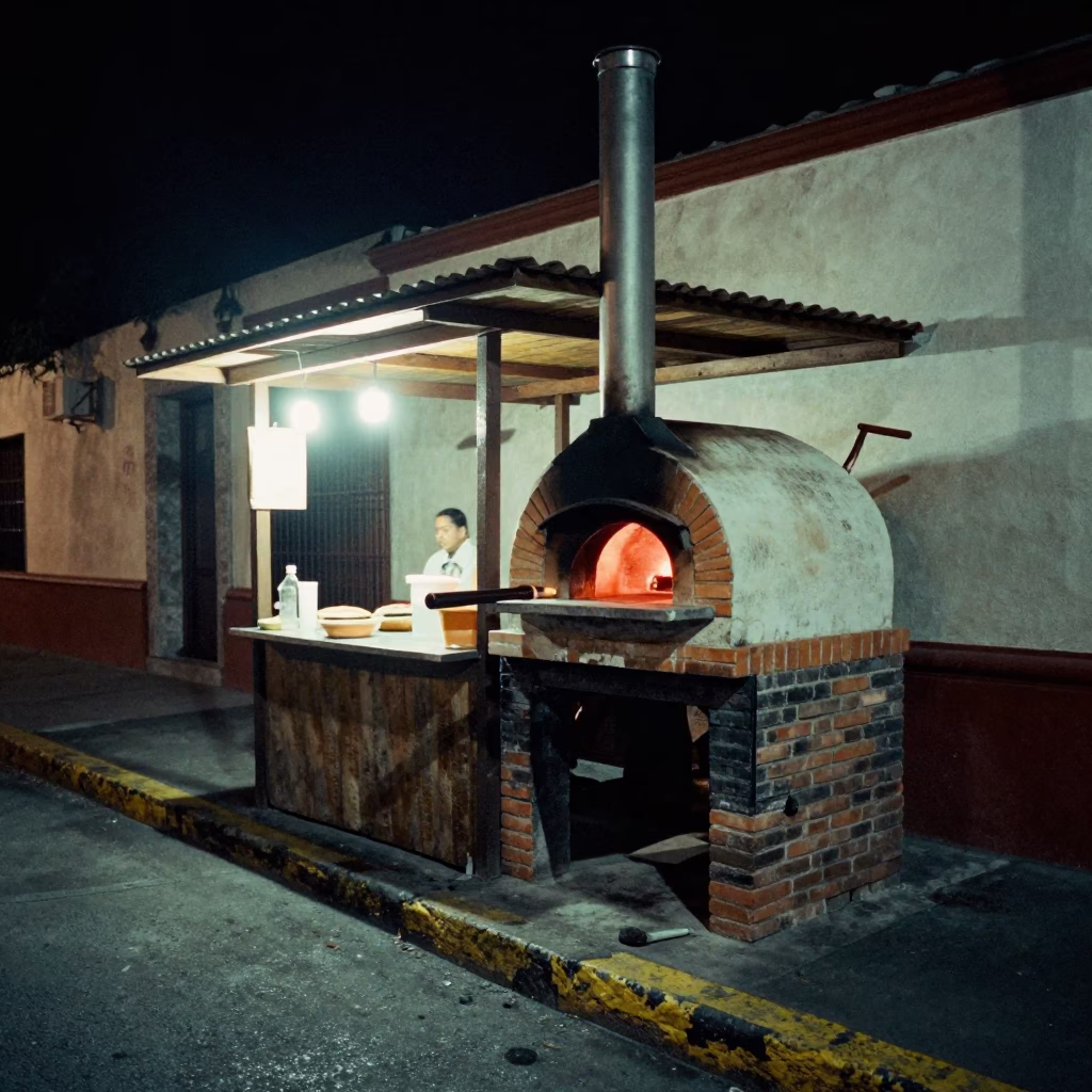 Nighttime Street Scene in Guadalajara Mexico with Wooden Pizza Oven and Onions in in Guadalajara, Mexico