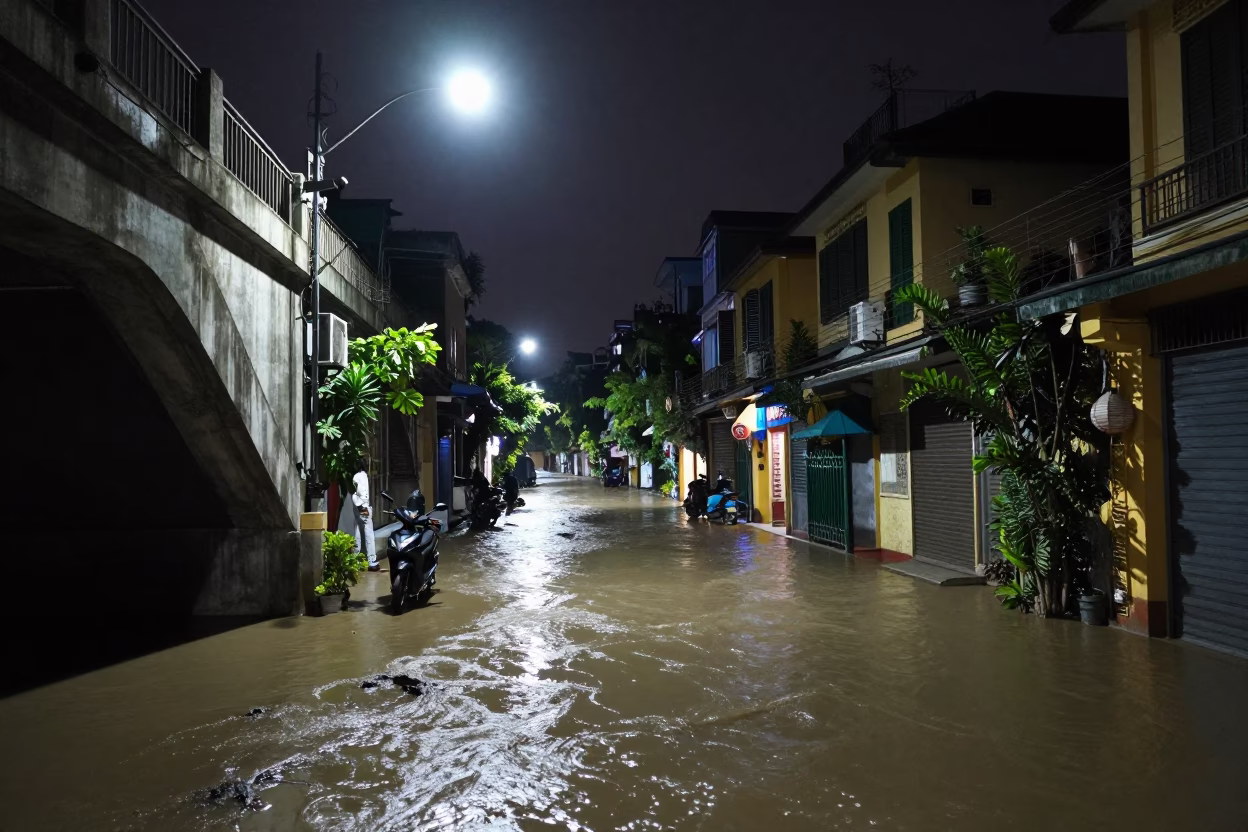 Nighttime Street Scene in Hanoi Vietnam with Muddy Floodwater and Local Life in in Hanoi, Vietnam