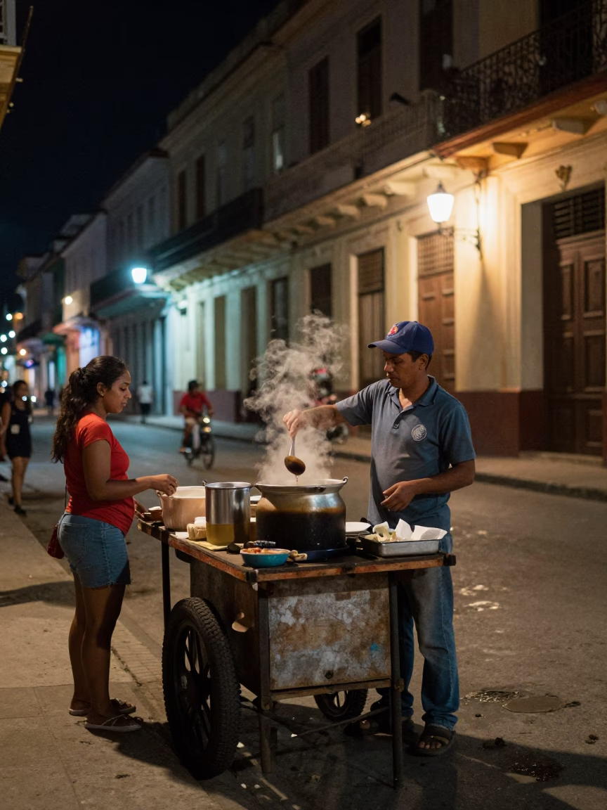 Nighttime Street Scene in Havana Cuba with Lantern and Local Interaction in in Havana, Cuba
