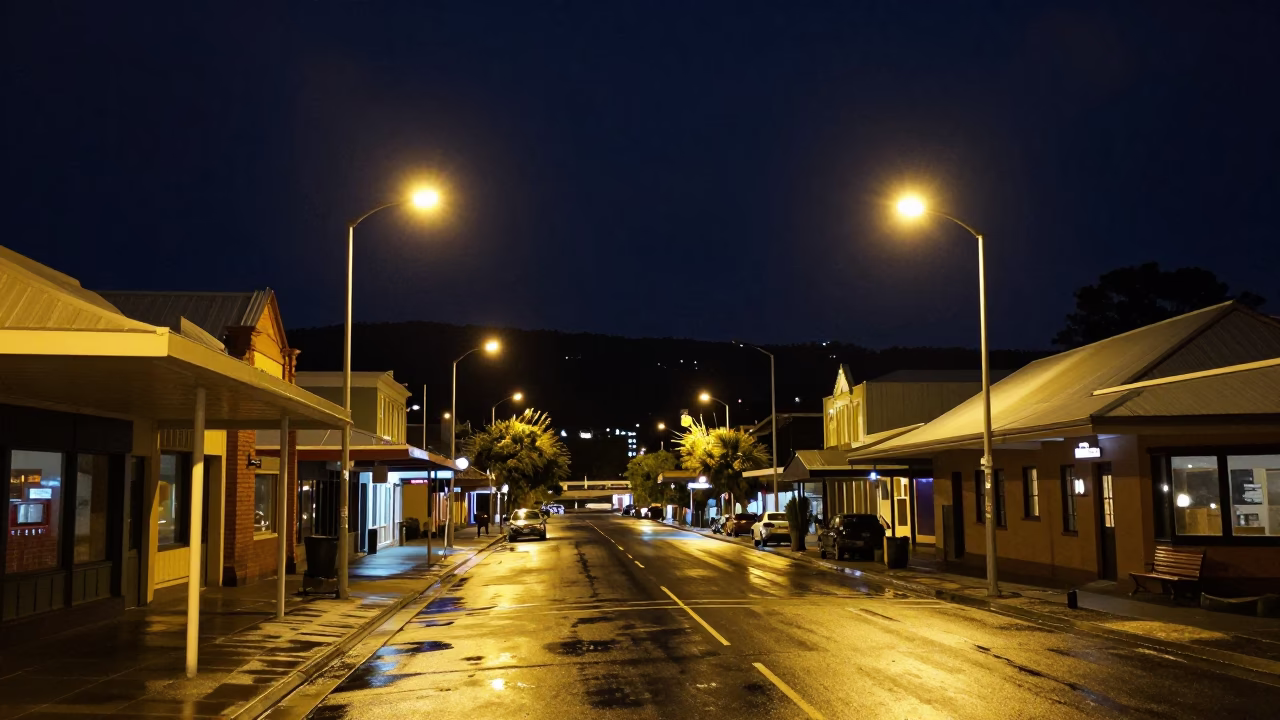 Nighttime Street Scene in Hobart Tasmania Australia Under Deep Sky in in Hobart, Tasmania, Australia