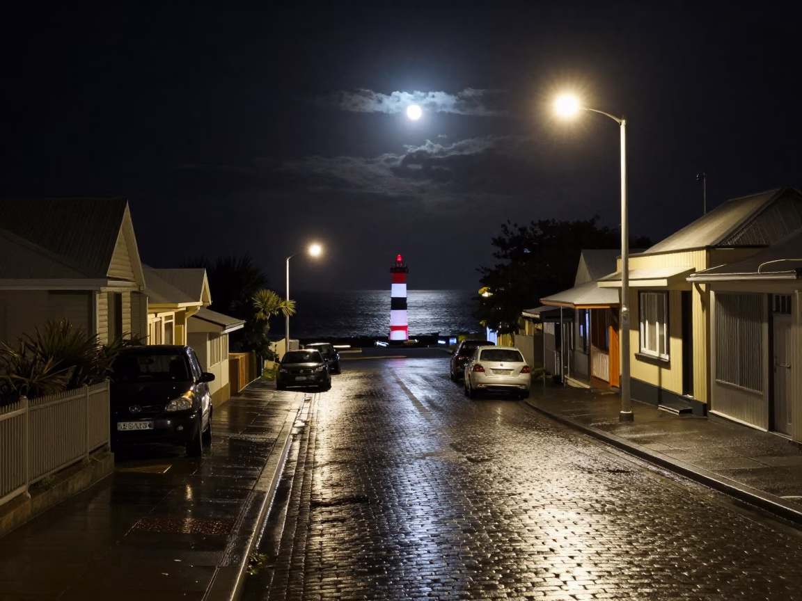 Nighttime Street Scene in Hobart Tasmania Australia with Moonlit Surf and Beacon in in Hobart, Tasmania, Australia