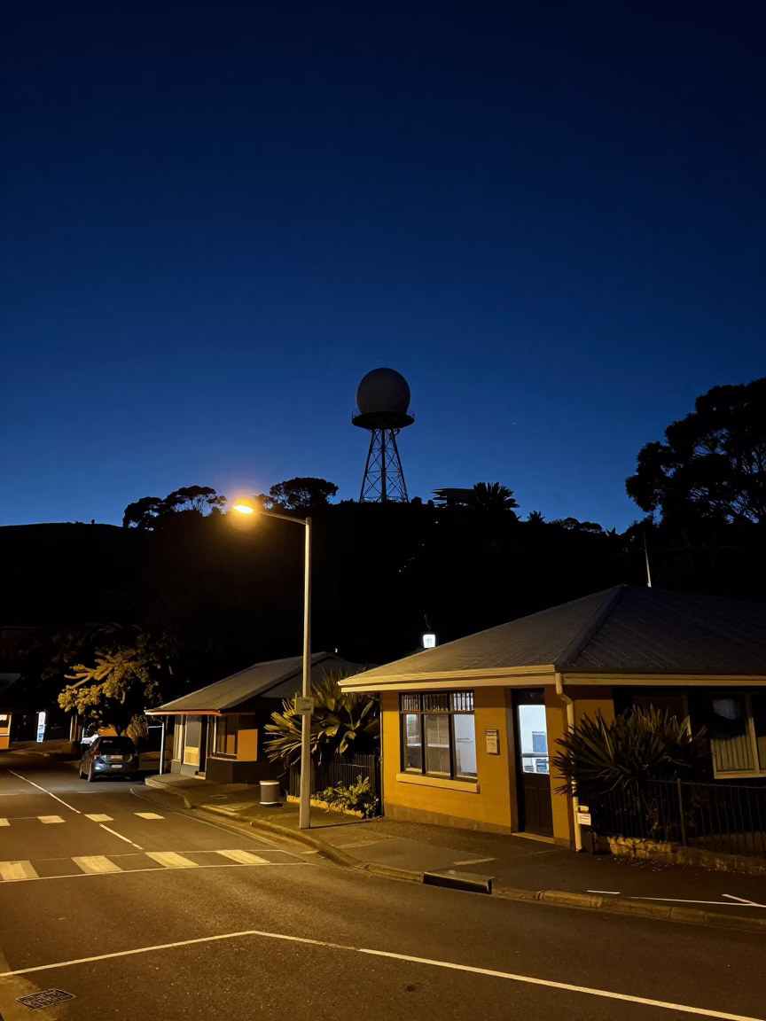 Nighttime Street Scene in Hobart Tasmania Australia with Weather Radar and Local Life in in Hobart, Tasmania, Australia