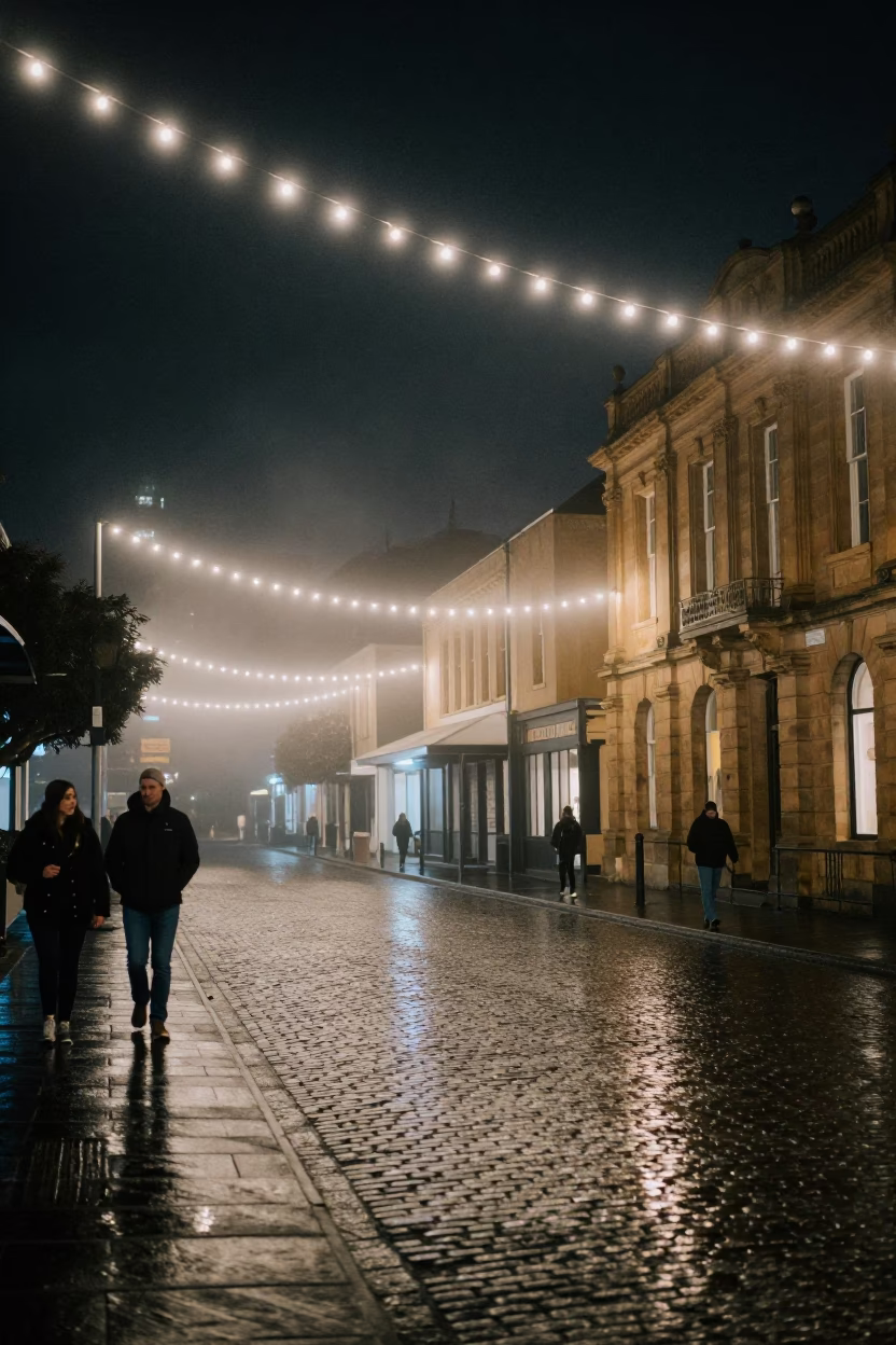 Nighttime street scene in Hobart Tasmania with string lights and fog in in Hobart, Tasmania, Australia