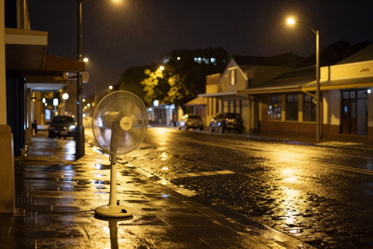 Nighttime street scene in Hobart Tasmania with table fan and wet pavement in in Hobart, Tasmania, Australia