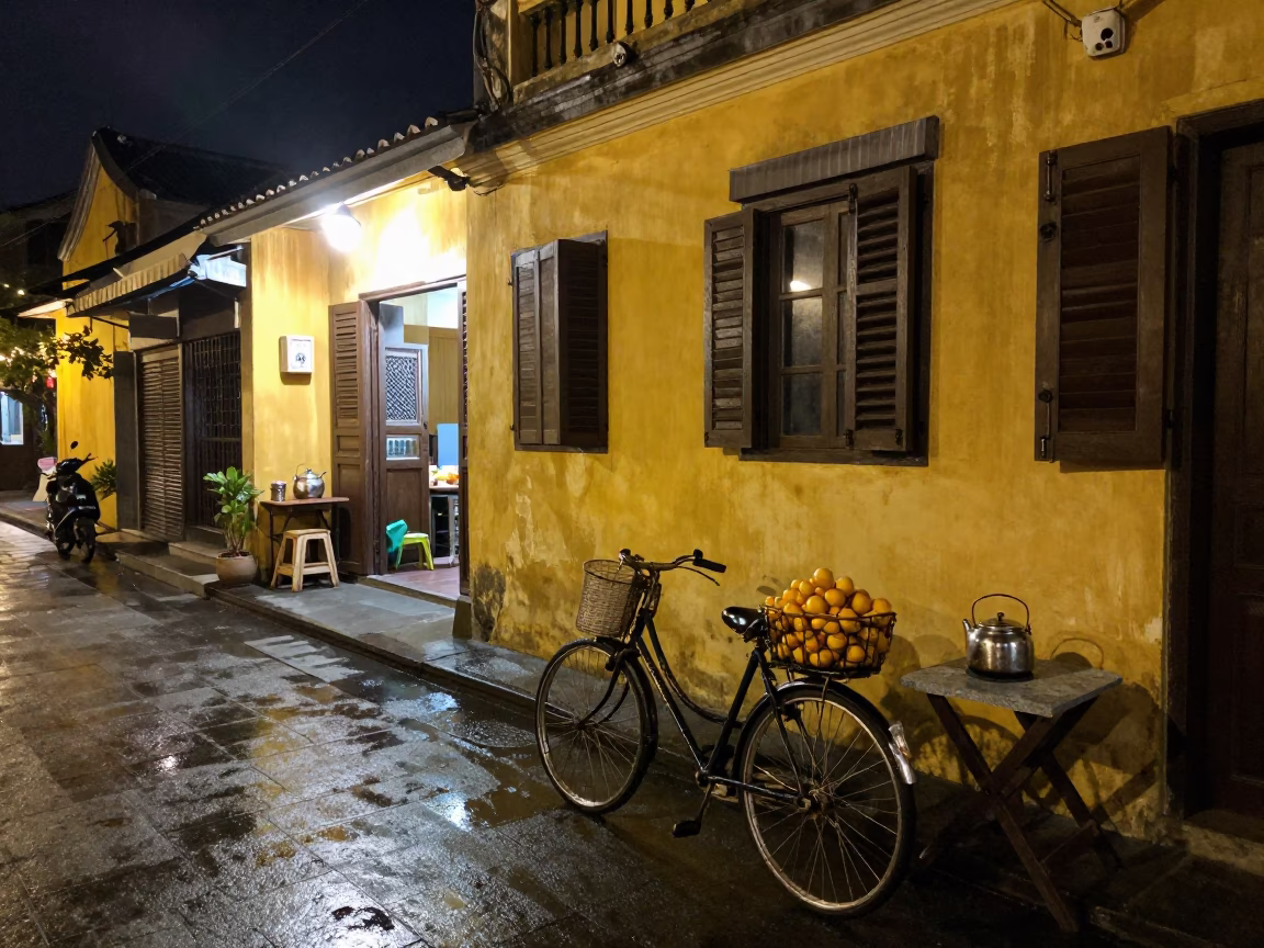 Nighttime Street Scene in Hoi An Vietnam with Bicycle Basket and Apricots in in Hoi An, Vietnam