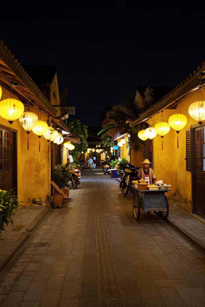 Nighttime street scene in Hoi An Vietnam with lanterns and local street food vendor in in Hoi An, Vietnam