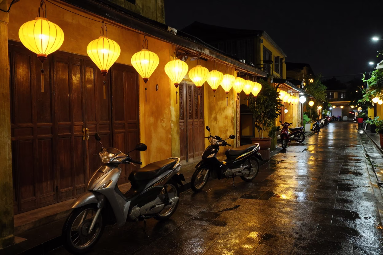 Nighttime Street Scene in Hoi An Vietnam with Motorcycles and Lanterns in in Hoi An, Vietnam