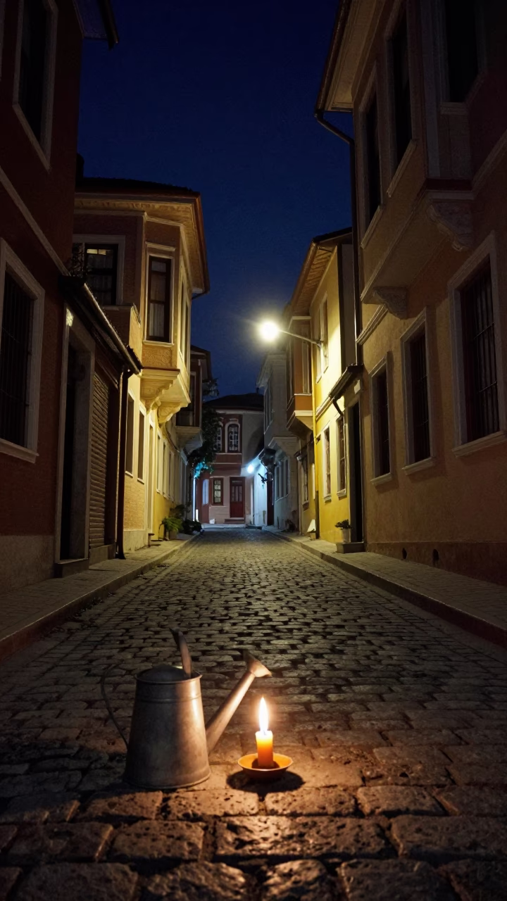Nighttime Street Scene in Istanbul Turkey with Taper Candle and Watering Jug in in Istanbul, Turkey