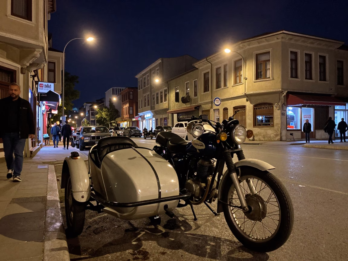 Nighttime Street Scene in Istanbul Turkey with Vintage Motorcycle and Sidecar in in Istanbul, Turkey