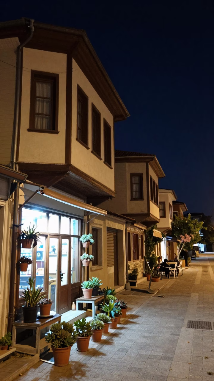 Nighttime Street Scene in Izmir Turkey With Potted Succulents And Glass Vase in in Izmir, Turkey