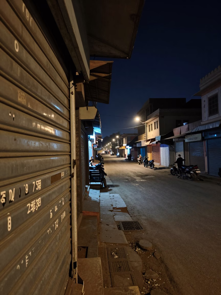 Nighttime Street Scene in Jaipur India with Distant Fort Lights and Local Market Activity in in Jaipur, India