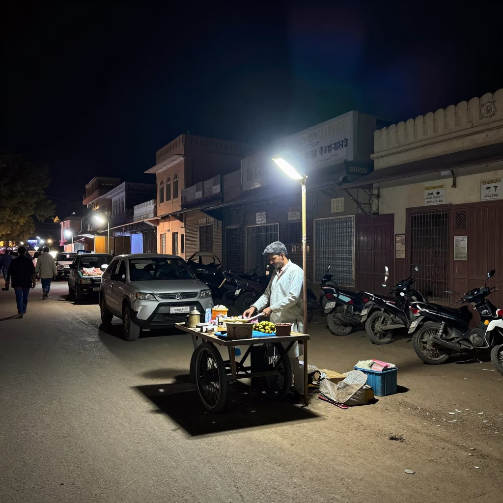 Nighttime Street Scene in Jaipur India with Local Vendor and Traditional Drinking Vessel in in Jaipur, India