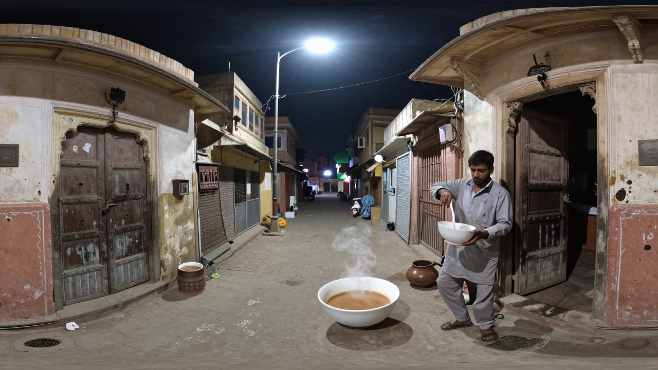 Nighttime Street Scene in Jaipur India with Sugar Bowl and Tea Stains on Doorframe in in Jaipur, India