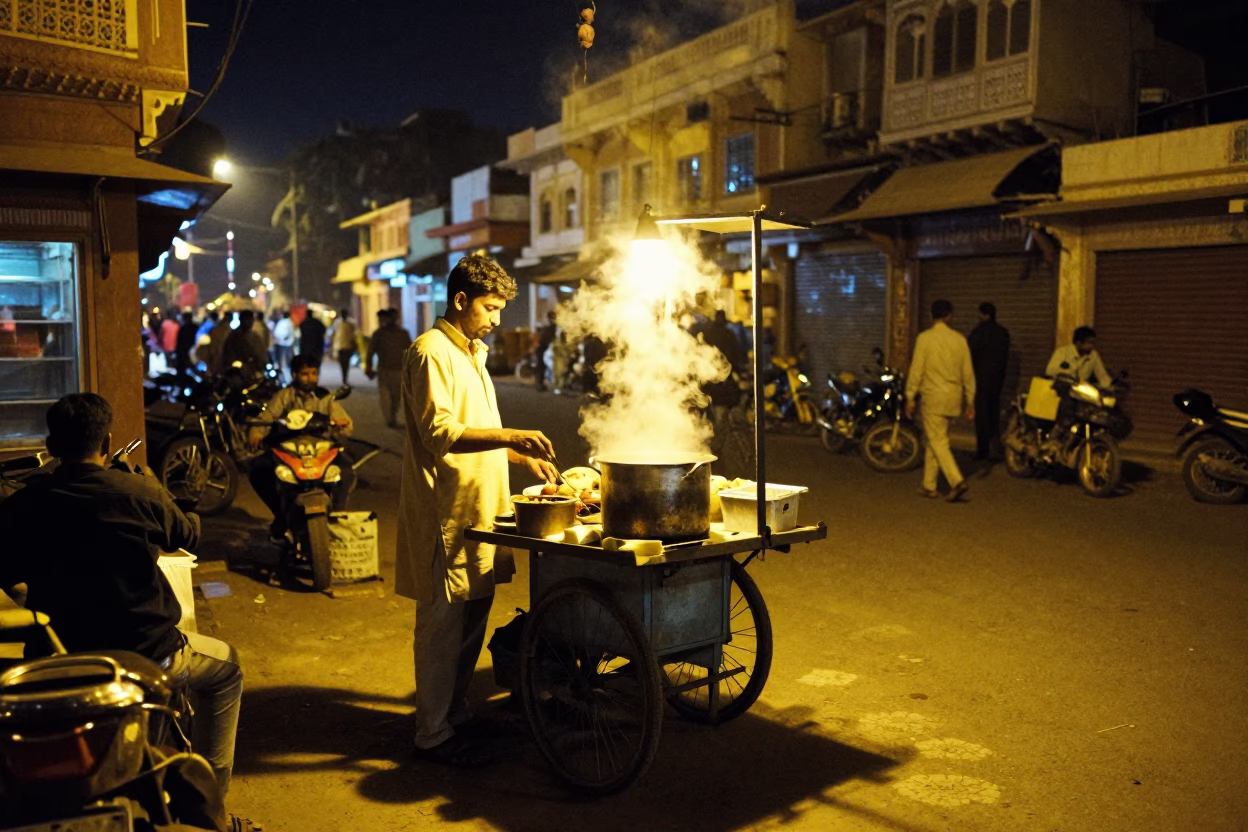 Nighttime Street Scene in Jaipur India with Vendor and Vintage Bakelite Telephone in in Jaipur, India
