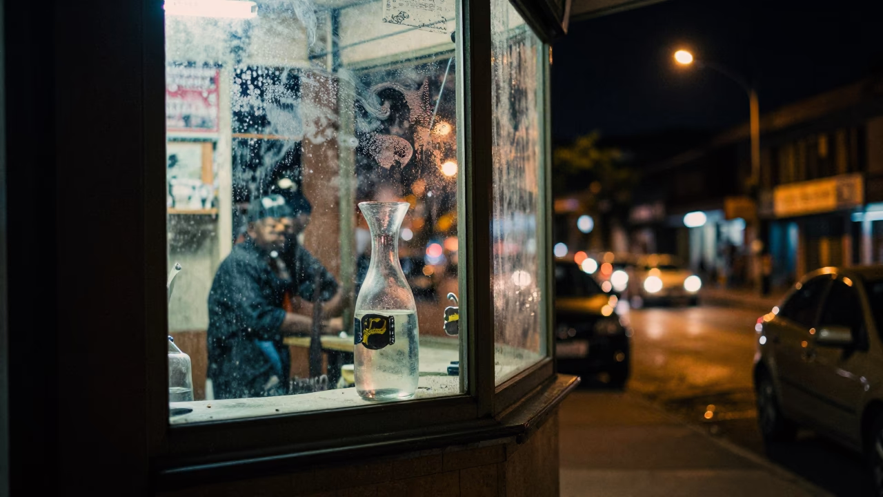 Nighttime Street Scene in Johannesburg with Glass Carafe and Condensation on Cabinet Door in in Johannesburg, South Africa