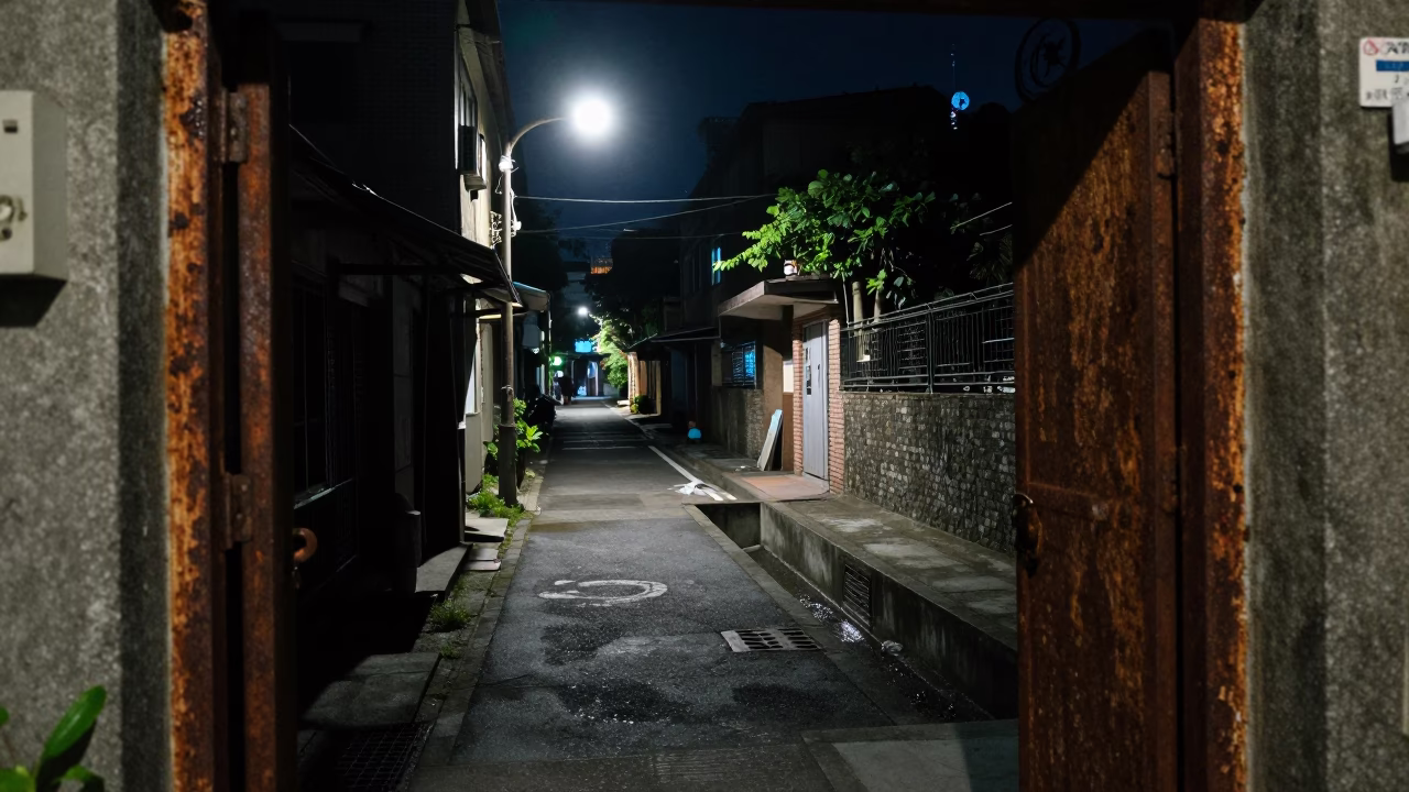 Nighttime Street Scene in Kaohsiung Taiwan with Rusty Doorframe and Spillway in in Kaohsiung, Taiwan