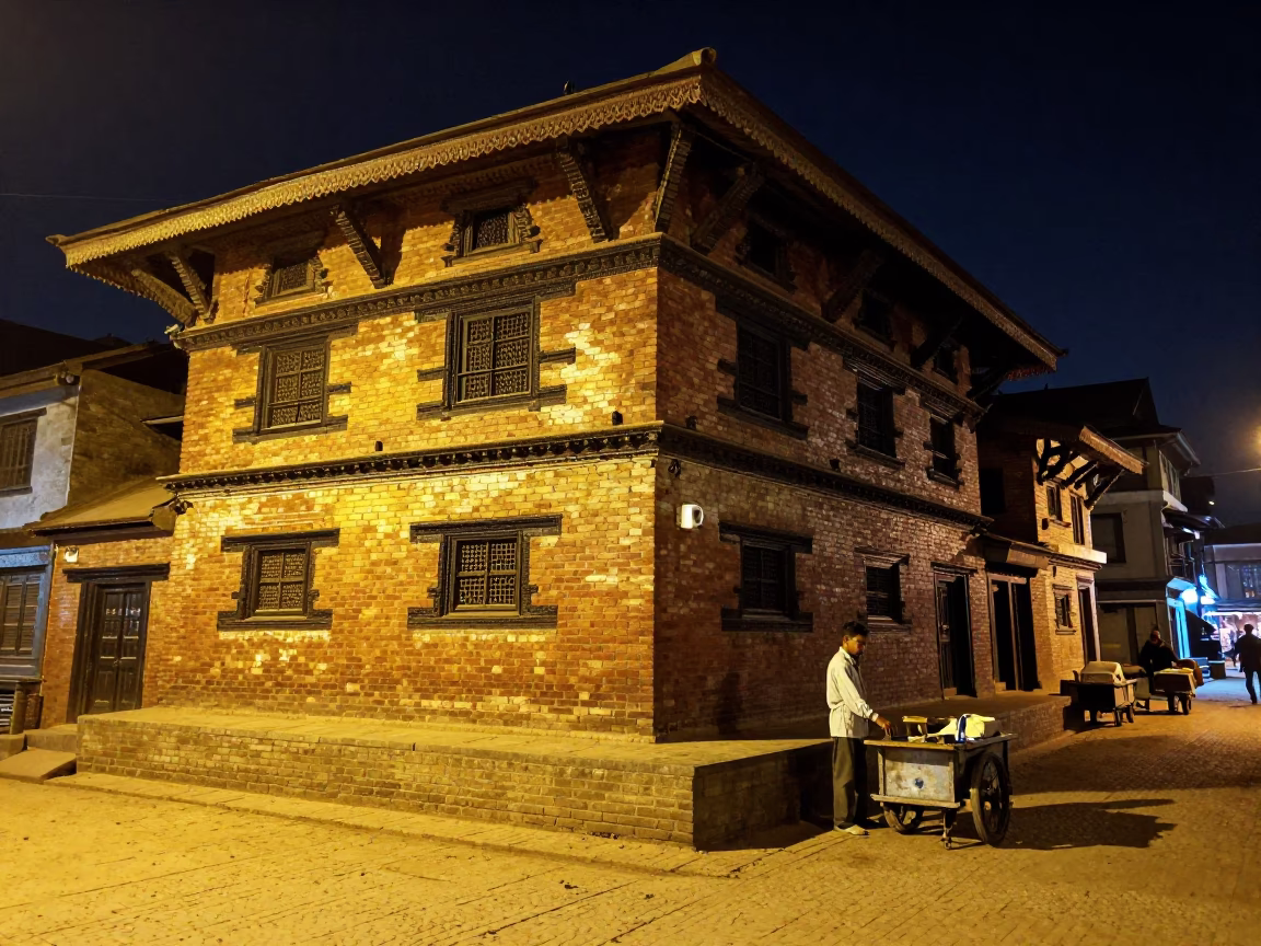 Nighttime Street Scene in Kathmandu Nepal with Brick Buildings and Local Life in in Kathmandu, Nepal