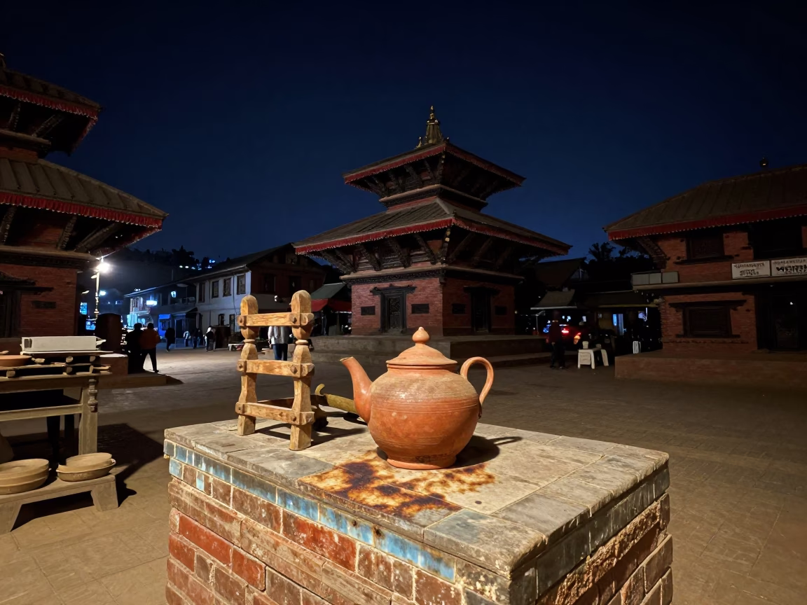 Nighttime Street Scene in Kathmandu Nepal with Clay Teapot and Wooden Surface in in Kathmandu, Nepal