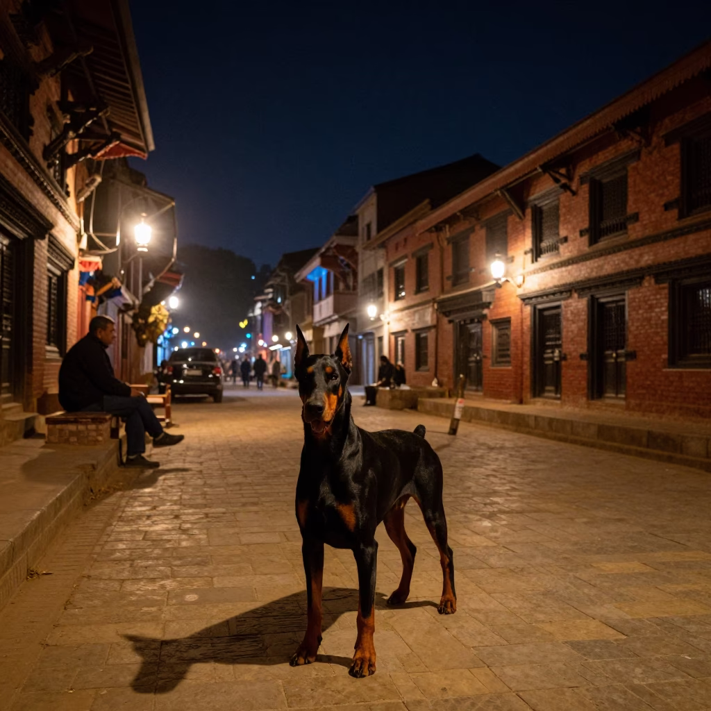 Nighttime Street Scene in Kathmandu Nepal with Doberman Pinscher and Local Life in in Kathmandu, Nepal