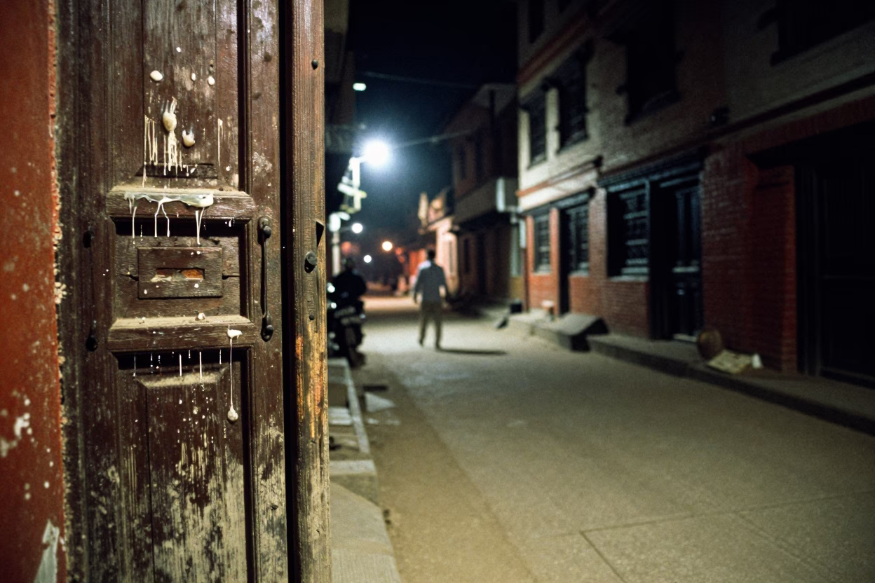 Nighttime Street Scene in Kathmandu Nepal with Dripping Enamel and Dusty Latch in in Kathmandu, Nepal