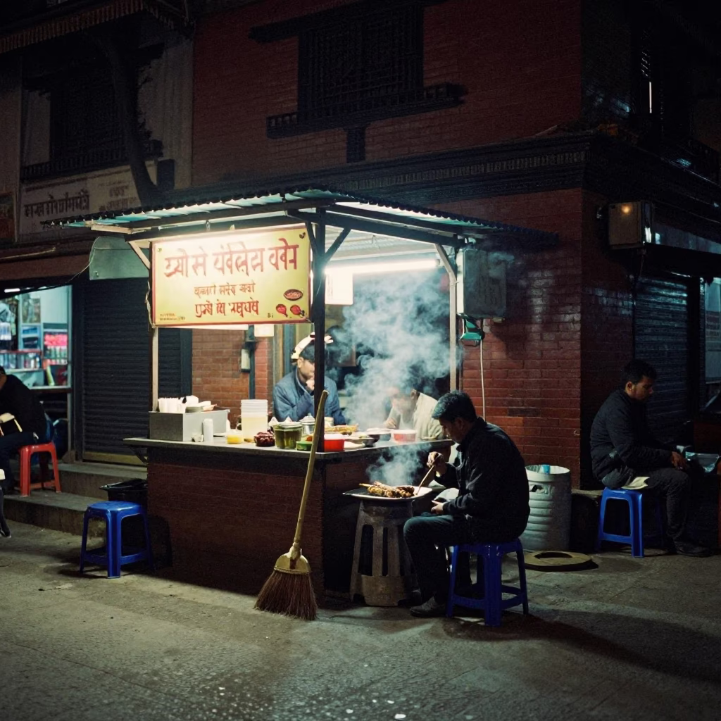 Nighttime Street Scene in Kathmandu Nepal with Local Dining and Broom in in Kathmandu, Nepal