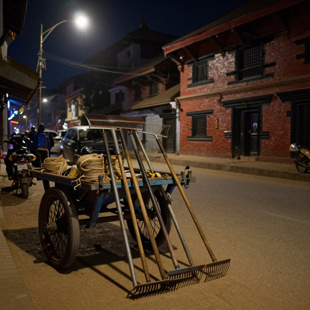 Nighttime Street Scene in Kathmandu Nepal with Rake Heads and Twine Spool in in Kathmandu, Nepal