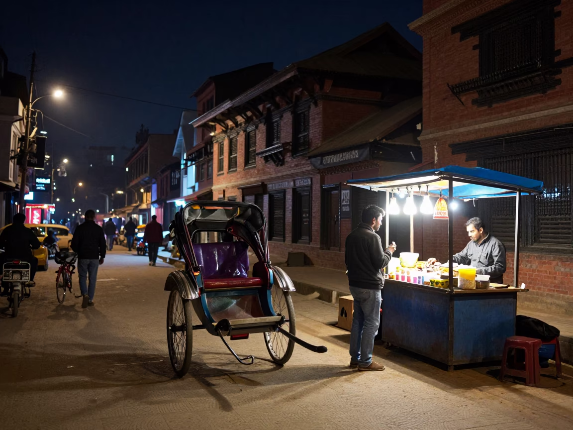 Nighttime Street Scene in Kathmandu Nepal with Rickshaw and Street Vendor in in Kathmandu, Nepal