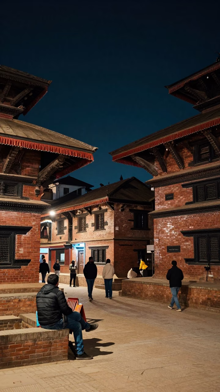 Nighttime Street Scene in Kathmandu Nepal with Traditional Brick Architecture and Streetlights in in Kathmandu, Nepal
