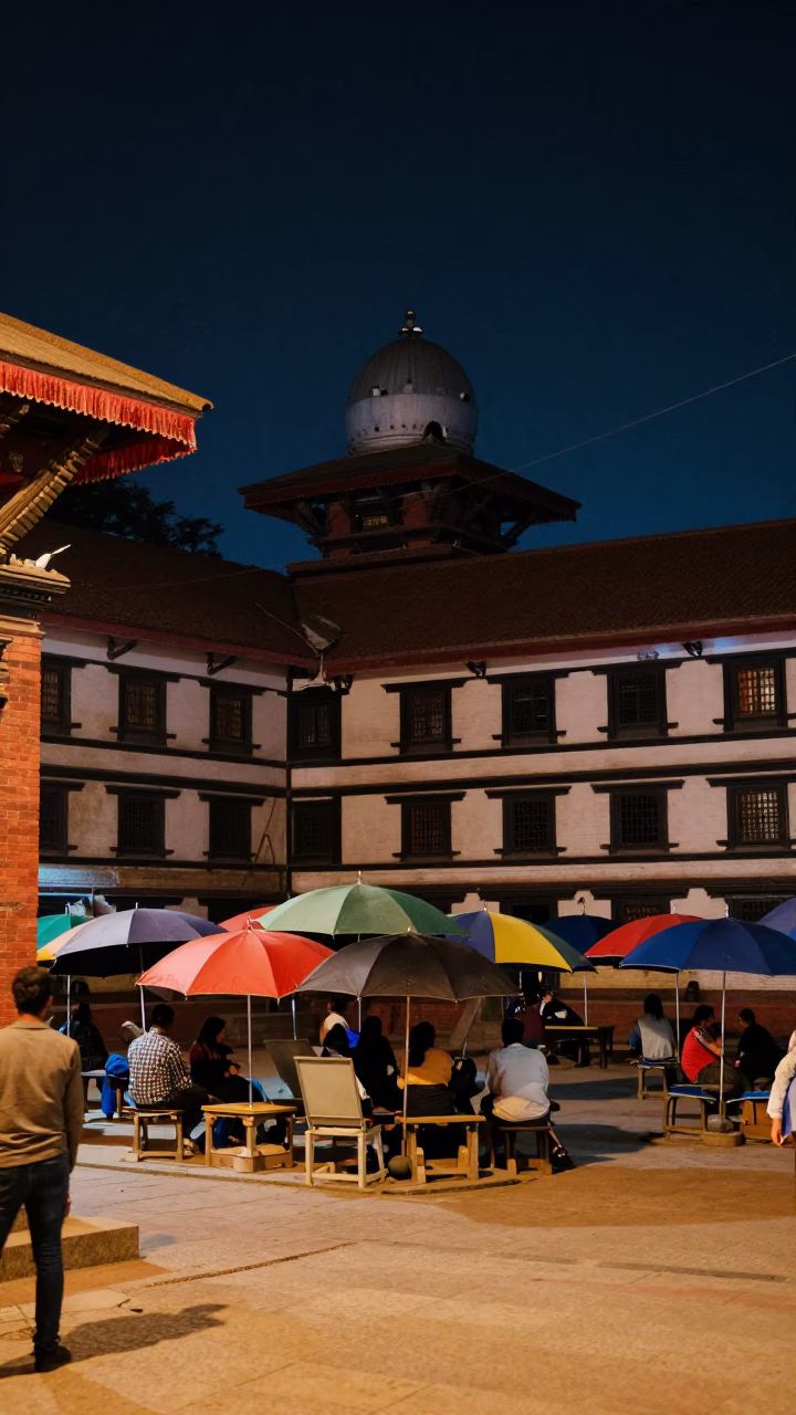 Nighttime Street Scene in Kathmandu Nepal with Umbrellas and Observatory Dome in in Kathmandu, Nepal