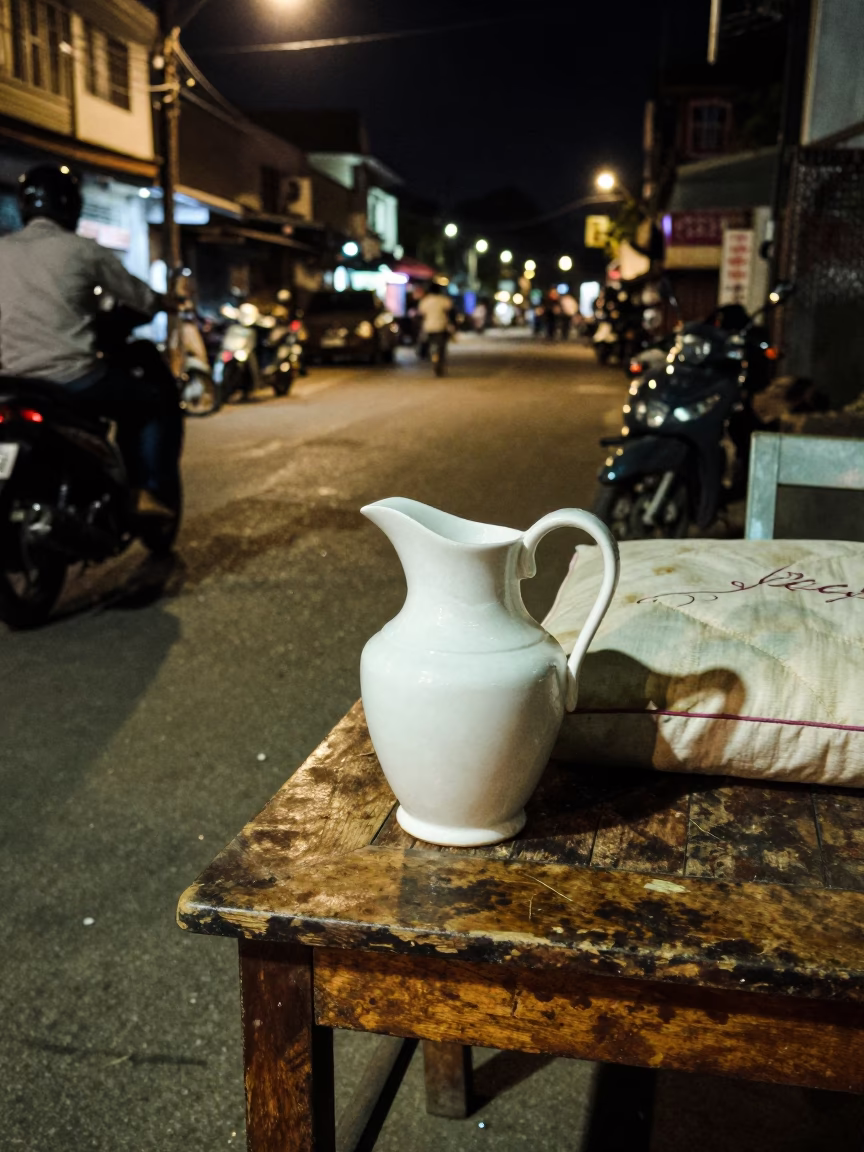 Nighttime Street Scene in Kochi India with Ceramic Pitcher and Pillow on Wooden Table in in Kochi, India