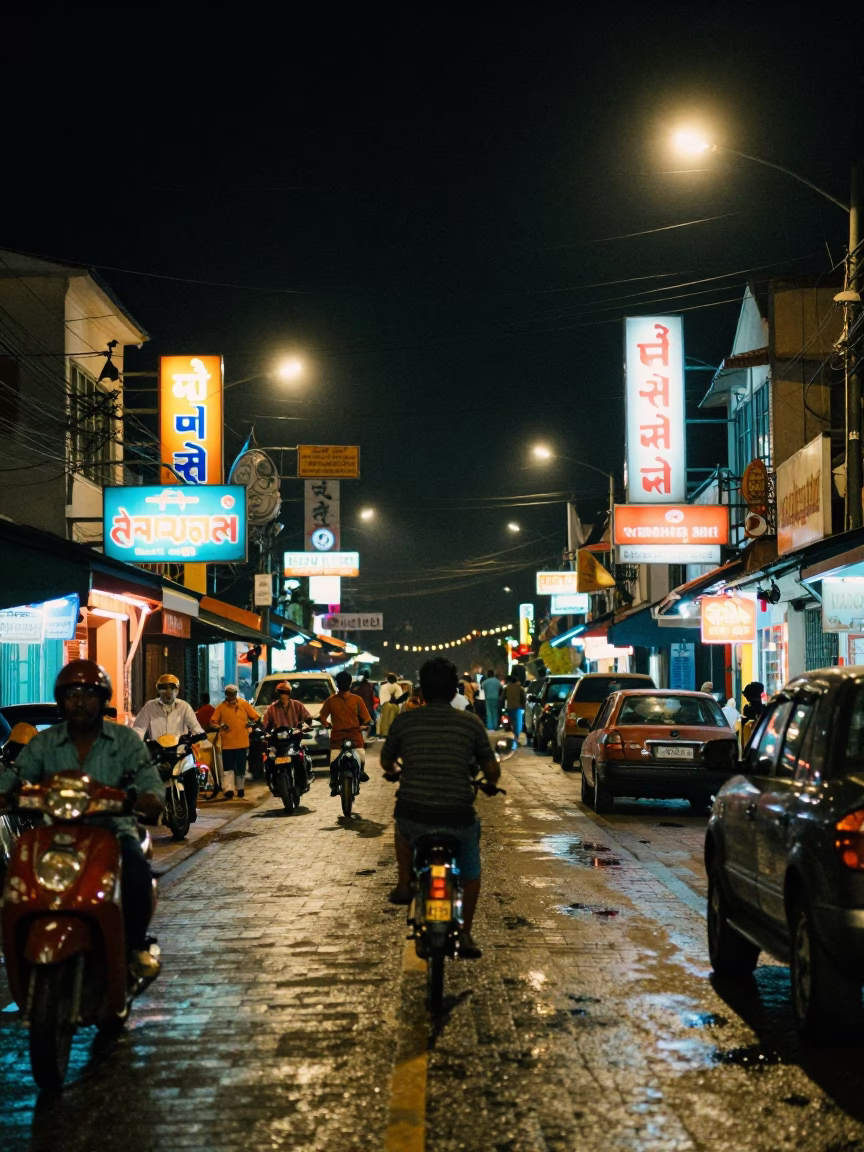 Nighttime Street Scene in Kochi India with Colorful Neon and Local Life in in Kochi, India