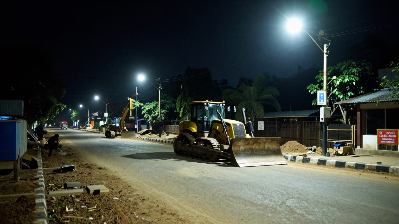 Nighttime Street Scene in Kochi India with Construction Equipment and Local Life in in Kochi, India