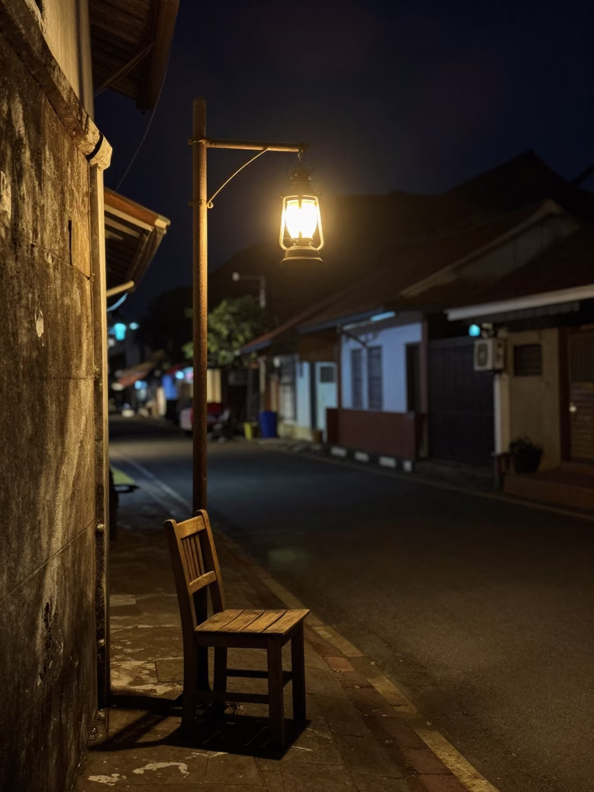 Nighttime Street Scene in Kochi India with Lantern and Chair in in Kochi, India