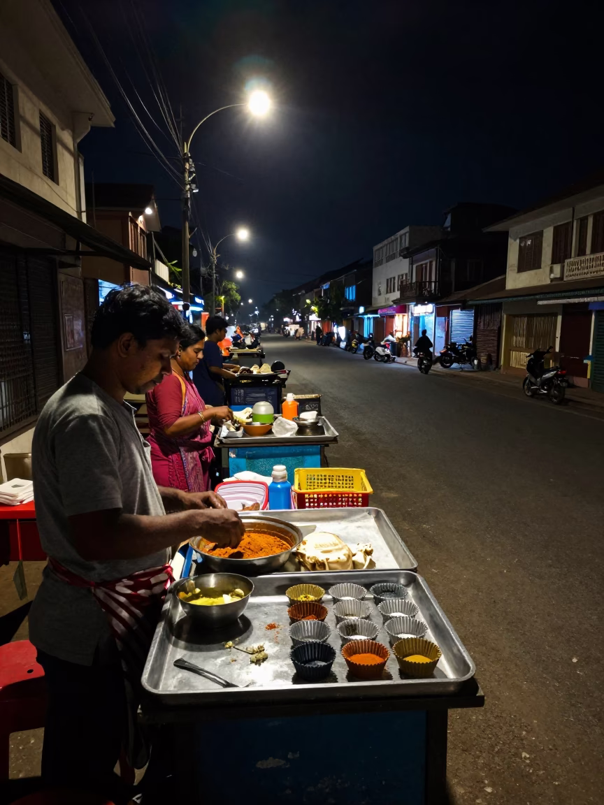 Nighttime Street Scene in Kochi India with Local Vendor and Distant Ferry Lights in in Kochi, India