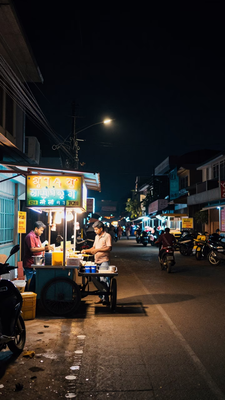 Nighttime Street Scene in Kochi India with Neon Lights and Local Activity in in Kochi, India