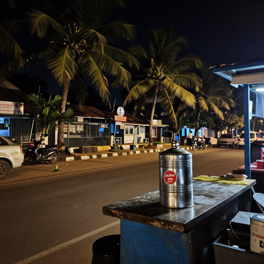 Nighttime Street Scene in Kochi India with Palm Trees and Coffee Tin in in Kochi, India