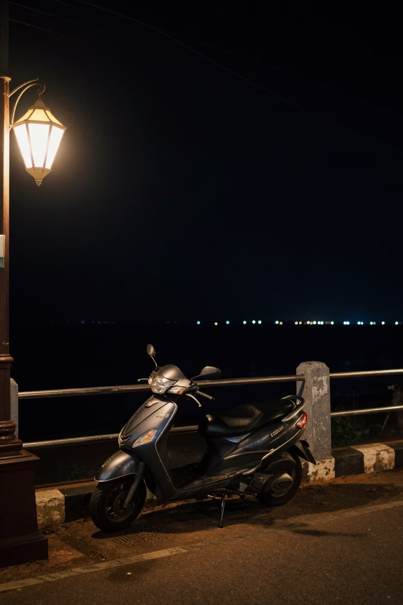 Nighttime Street Scene in Kochi India with Scooter and Traditional Lanterns in in Kochi, India